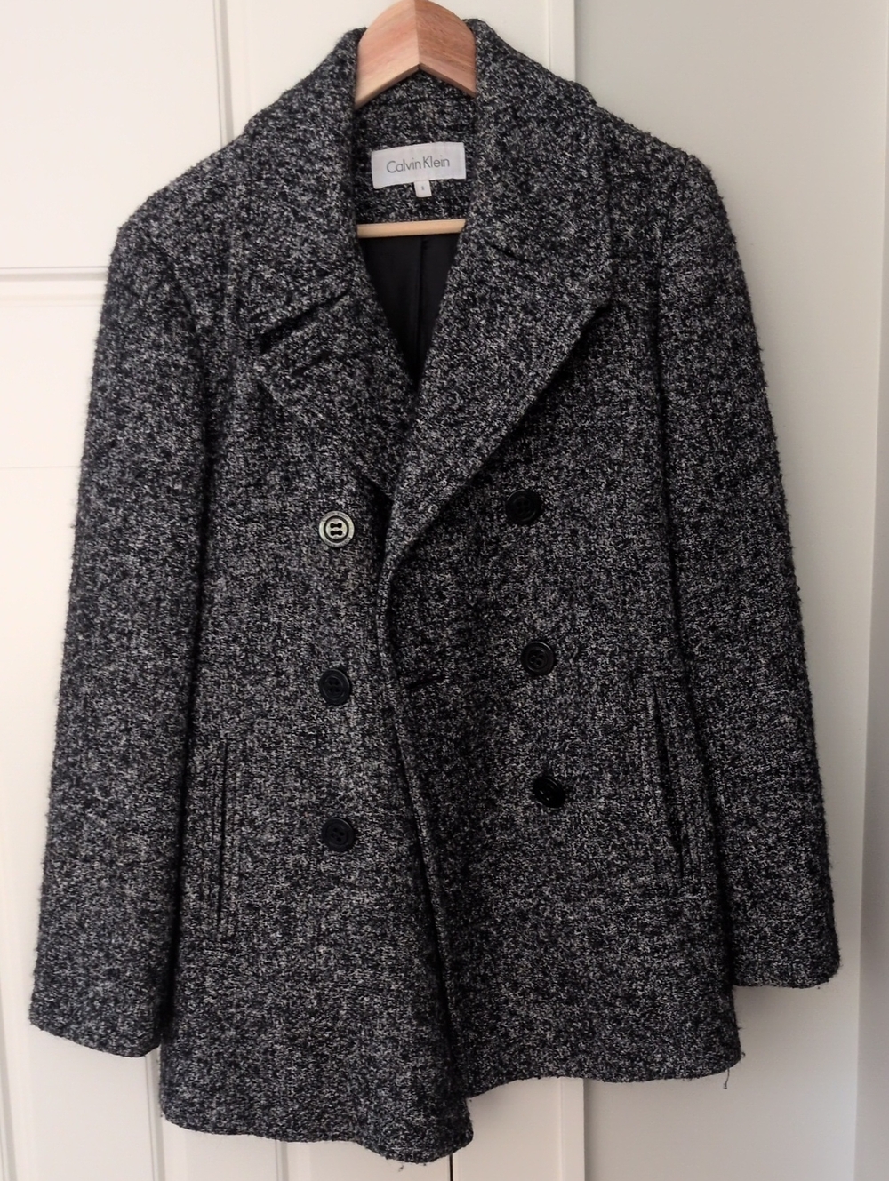 Calvin Klein Men's Black & Gray Textured Double-Breasted Peacoat